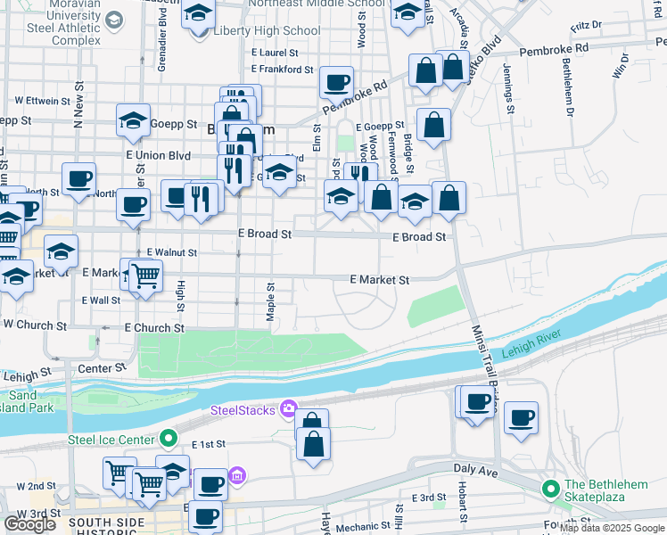 map of restaurants, bars, coffee shops, grocery stores, and more near 520 East Broad Street in Bethlehem