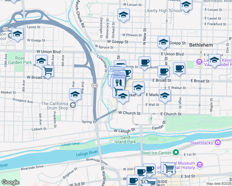 map of restaurants, bars, coffee shops, grocery stores, and more near 533 Main Street in Bethlehem