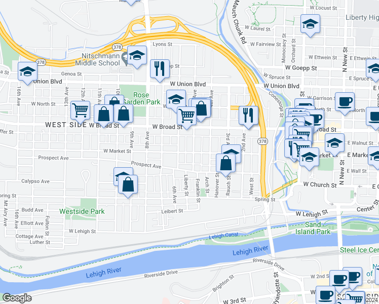 map of restaurants, bars, coffee shops, grocery stores, and more near 519 5th Avenue in Bethlehem