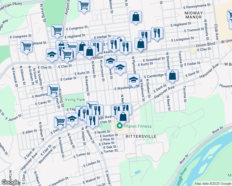 map of restaurants, bars, coffee shops, grocery stores, and more near 801 North Maxwell Street in Allentown