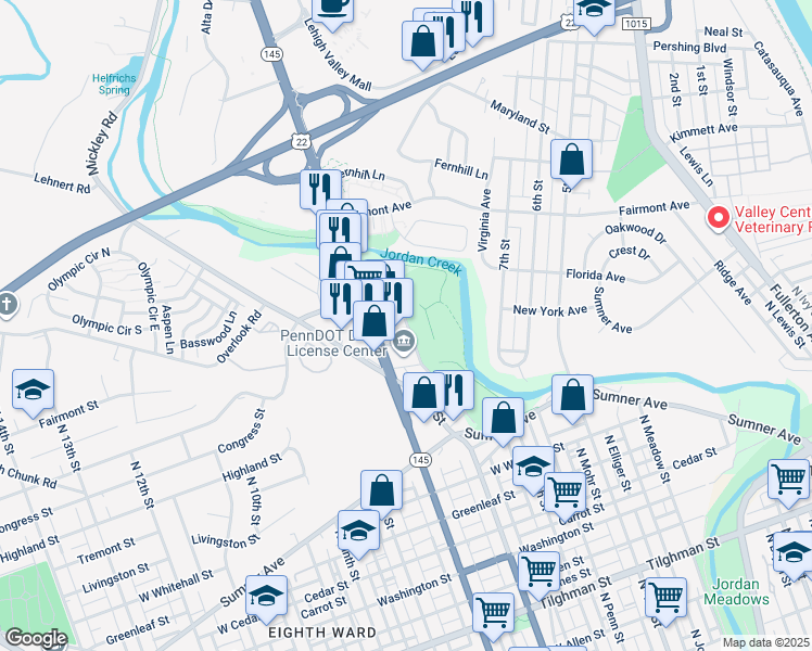 map of restaurants, bars, coffee shops, grocery stores, and more near North 6th Street Extension in Whitehall