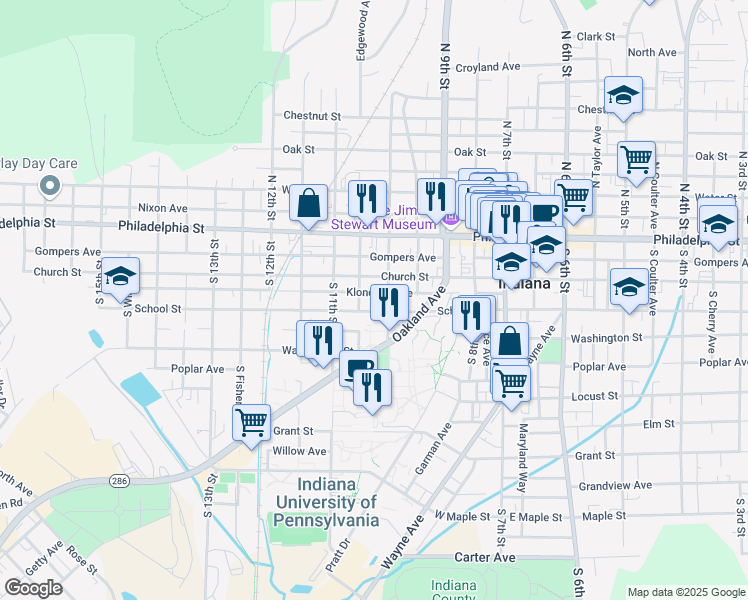 map of restaurants, bars, coffee shops, grocery stores, and more near 1038 Church Street in Indiana