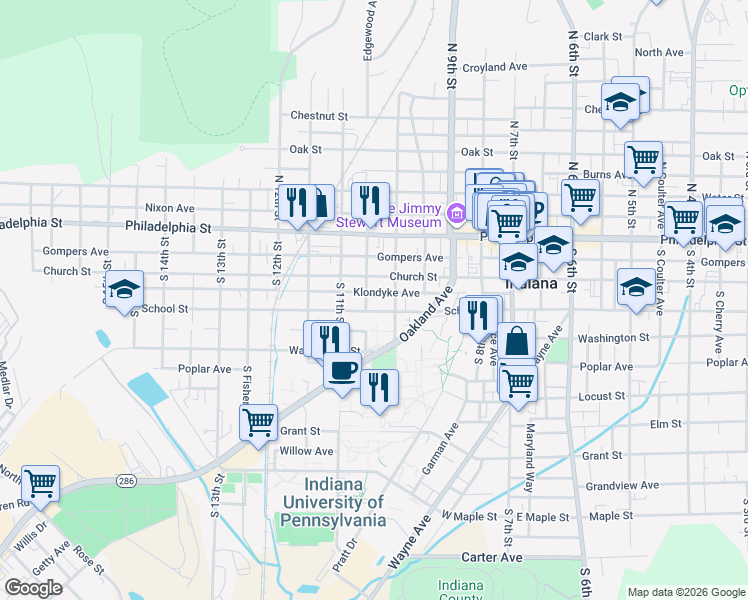 map of restaurants, bars, coffee shops, grocery stores, and more near 1038 Church Street in Indiana