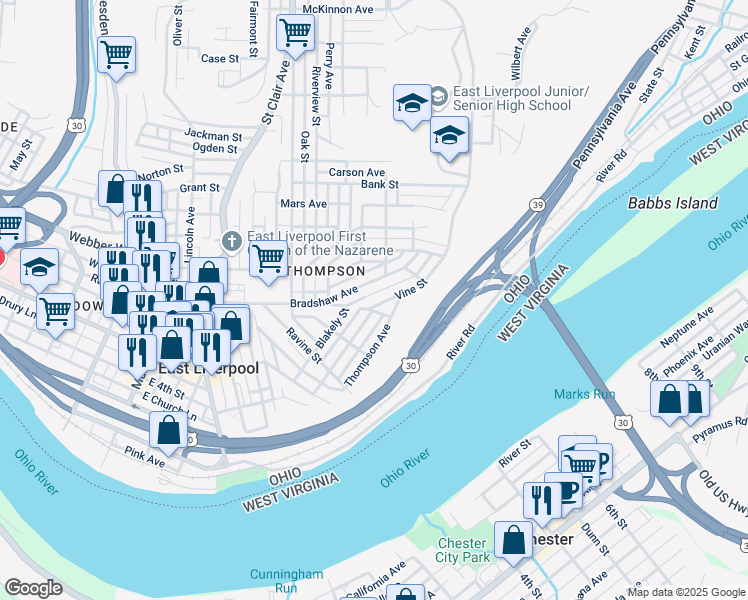 map of restaurants, bars, coffee shops, grocery stores, and more near 1000 Bradshaw Avenue in East Liverpool