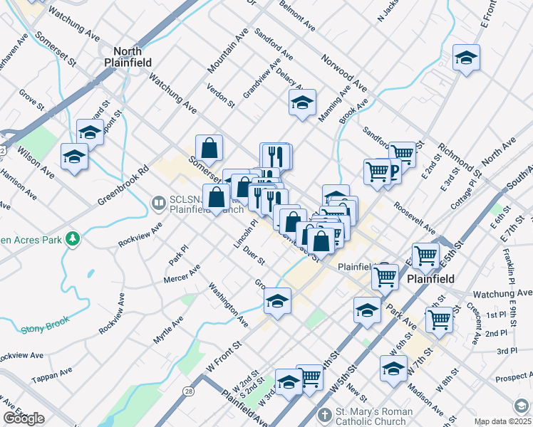 map of restaurants, bars, coffee shops, grocery stores, and more near 24 Race Street in North Plainfield