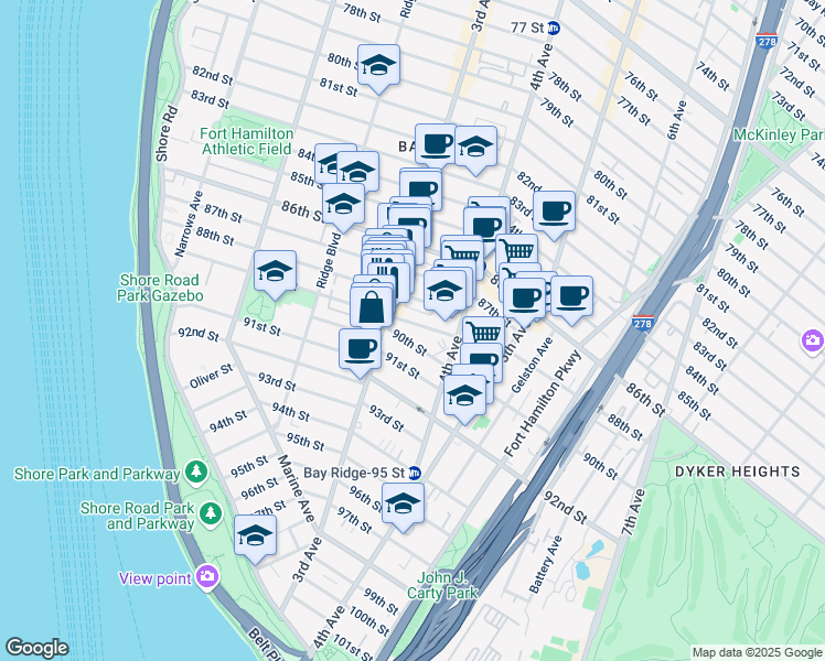map of restaurants, bars, coffee shops, grocery stores, and more near 321 89th Street in Brooklyn