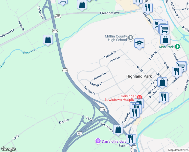map of restaurants, bars, coffee shops, grocery stores, and more near 360 Holiday Lane in Lewistown
