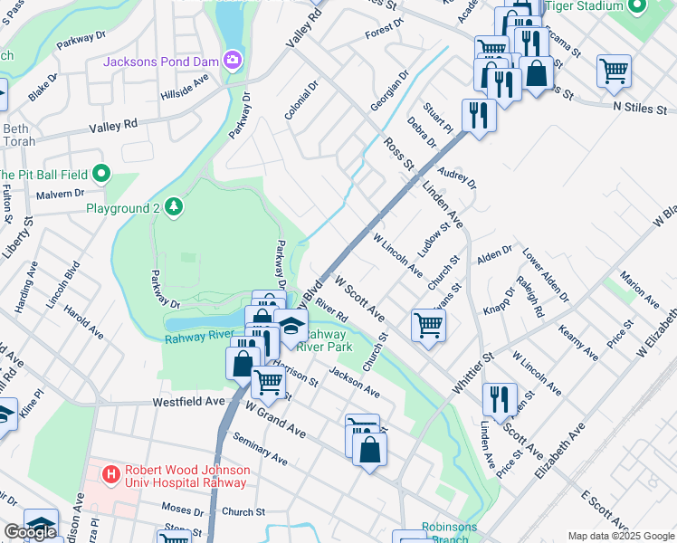 map of restaurants, bars, coffee shops, grocery stores, and more near 2063 Saint George Avenue in Rahway