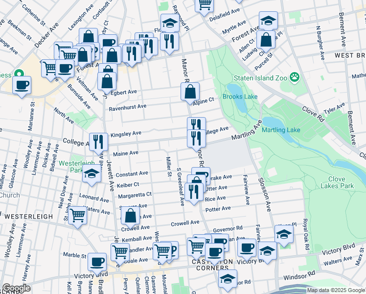 map of restaurants, bars, coffee shops, grocery stores, and more near 136 College Avenue in Staten Island