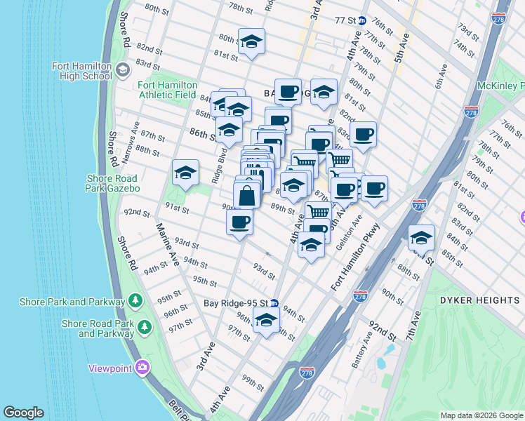 map of restaurants, bars, coffee shops, grocery stores, and more near 311 90th Street in Brooklyn