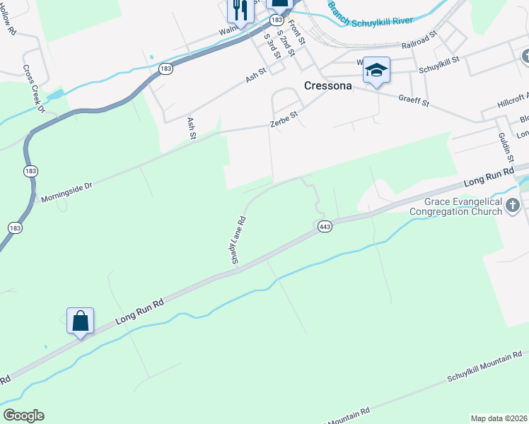 map of restaurants, bars, coffee shops, grocery stores, and more near 130 Shady Lane Road in Schuylkill Haven