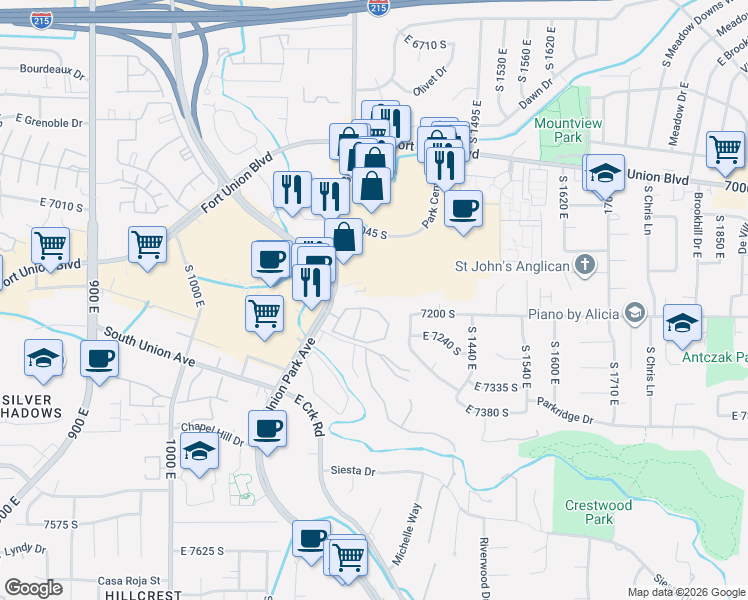 map of restaurants, bars, coffee shops, grocery stores, and more near 1275 Shadow Ridge Drive in Cottonwood Heights