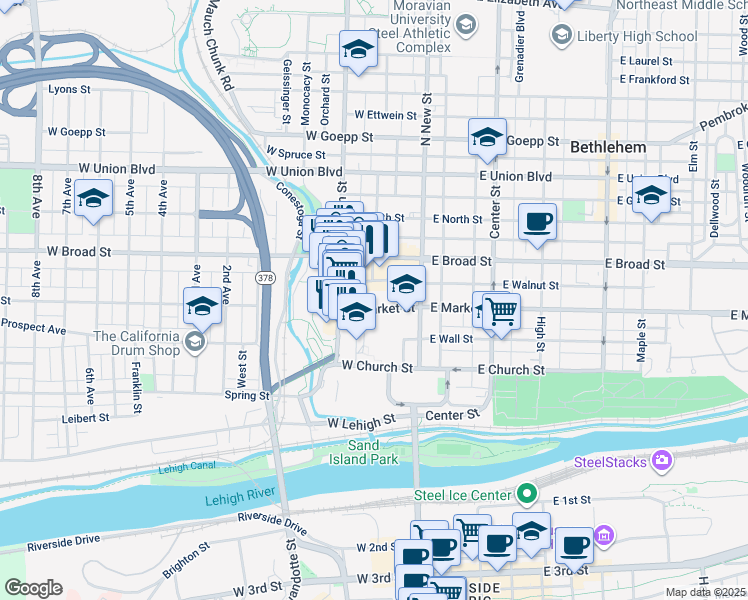 map of restaurants, bars, coffee shops, grocery stores, and more near 56 West Market Street in Bethlehem