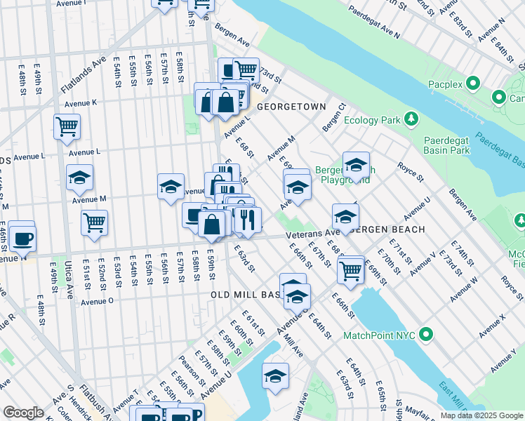 map of restaurants, bars, coffee shops, grocery stores, and more near 1338 East 66th Street in Brooklyn