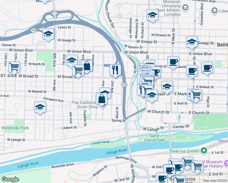 map of restaurants, bars, coffee shops, grocery stores, and more near 504 2nd Avenue in Bethlehem