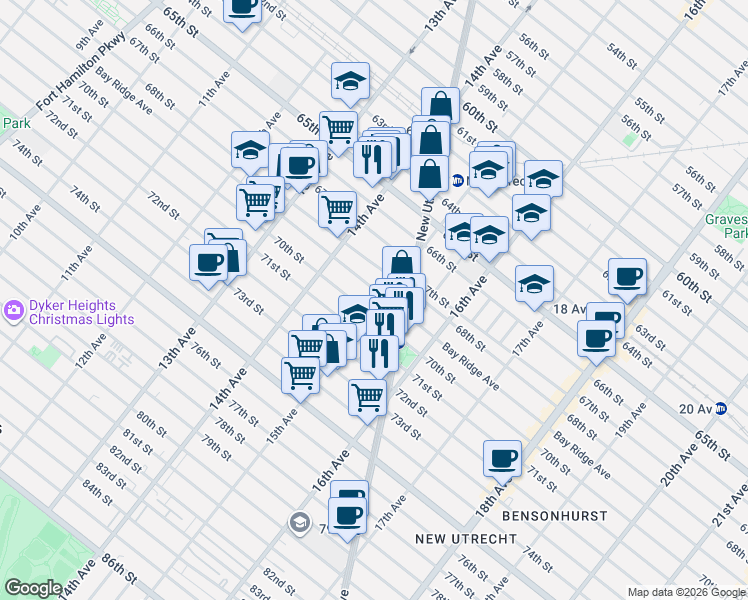map of restaurants, bars, coffee shops, grocery stores, and more near 6908 15th Avenue in Brooklyn