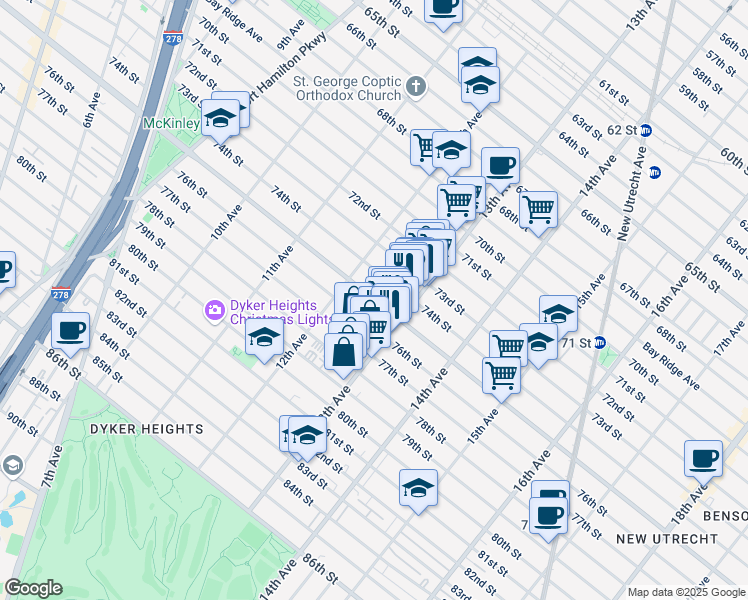map of restaurants, bars, coffee shops, grocery stores, and more near 1232 74th Street in Brooklyn