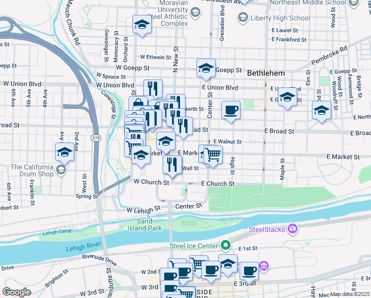 map of restaurants, bars, coffee shops, grocery stores, and more near 25 East Market Street in Bethlehem