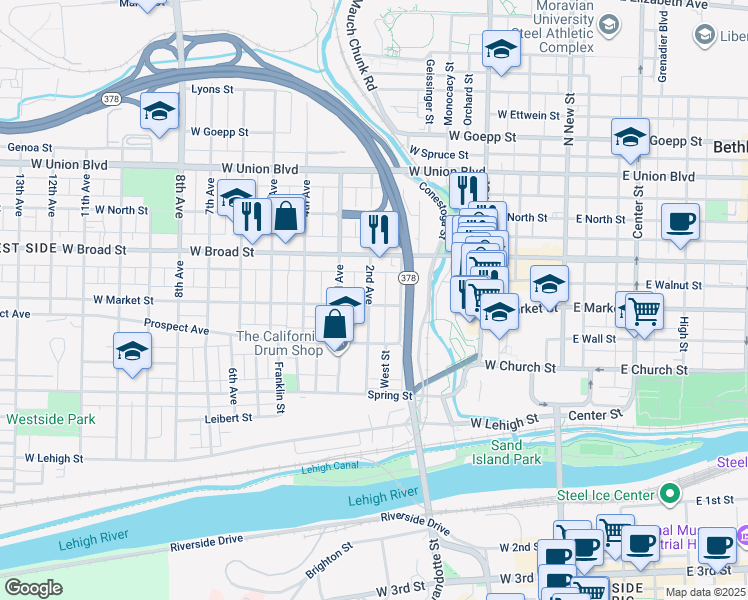 map of restaurants, bars, coffee shops, grocery stores, and more near 504 2nd Avenue in Bethlehem