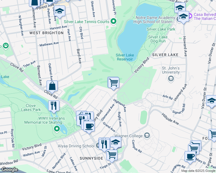 map of restaurants, bars, coffee shops, grocery stores, and more near 927 Victory Boulevard in Staten Island
