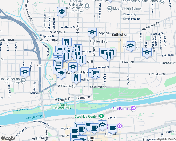 map of restaurants, bars, coffee shops, grocery stores, and more near 53 East Market Street in Bethlehem