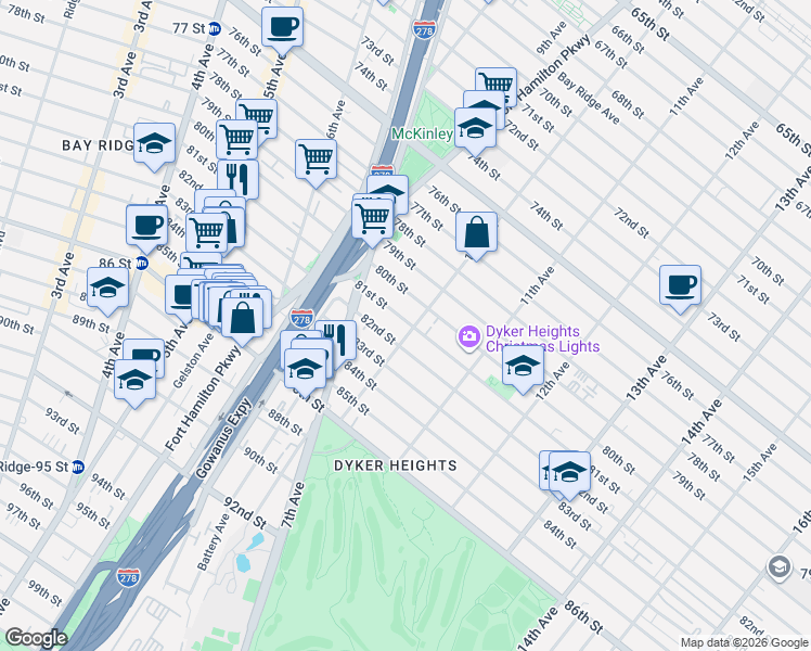 map of restaurants, bars, coffee shops, grocery stores, and more near 8006 10th Avenue in Brooklyn