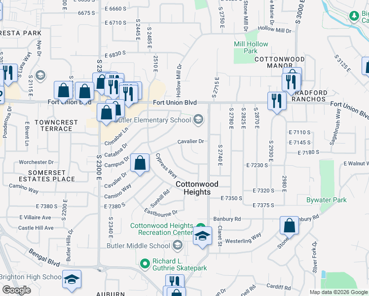 map of restaurants, bars, coffee shops, grocery stores, and more near 7157 East Manor Drive in Cottonwood Heights