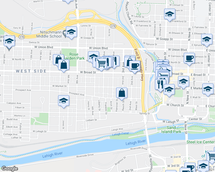 map of restaurants, bars, coffee shops, grocery stores, and more near 520 West Market Street in Bethlehem