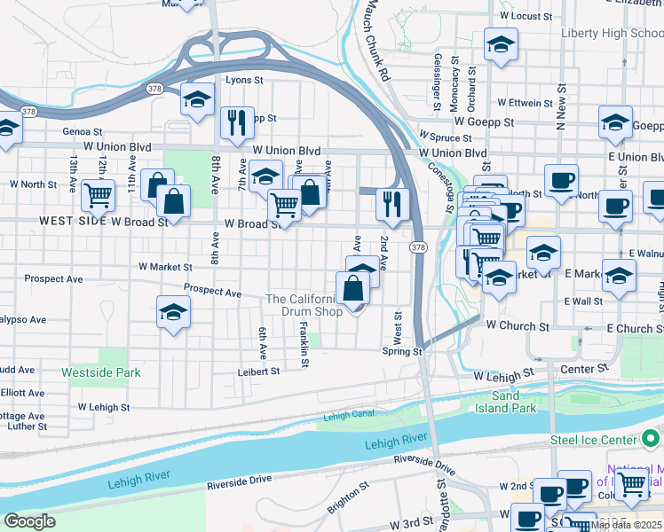 map of restaurants, bars, coffee shops, grocery stores, and more near 504 4th Avenue in Bethlehem