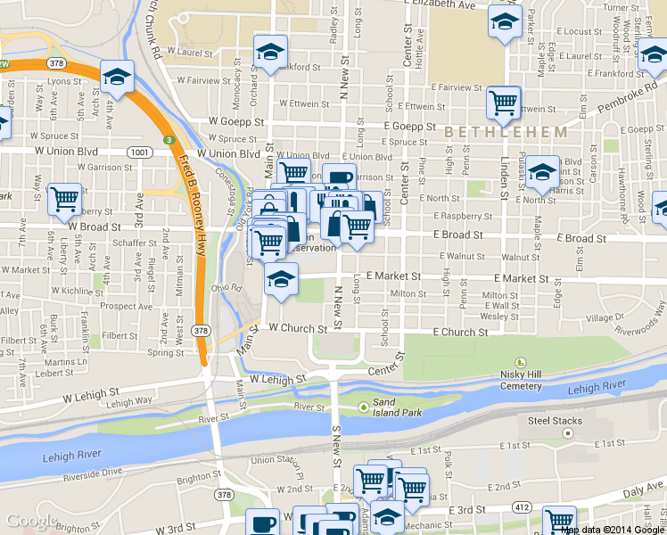map of restaurants, bars, coffee shops, grocery stores, and more near 511 North New Street in Bethlehem