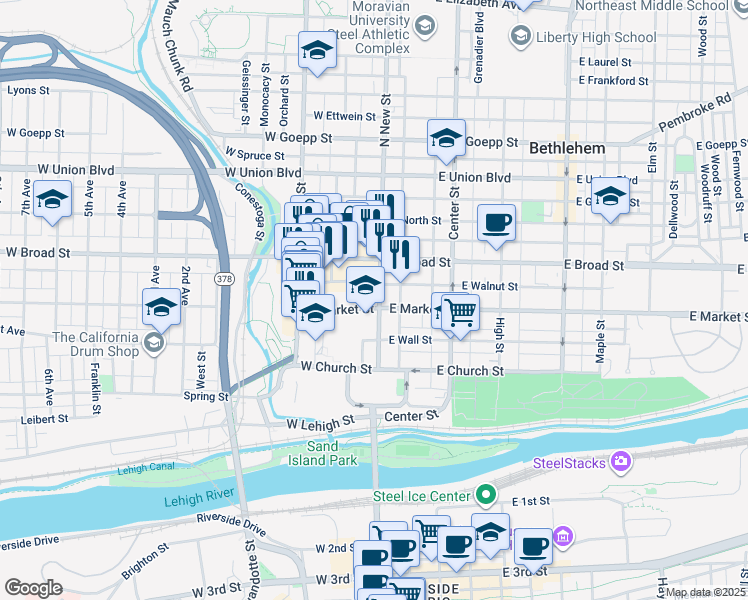 map of restaurants, bars, coffee shops, grocery stores, and more near 511 North New Street in Bethlehem