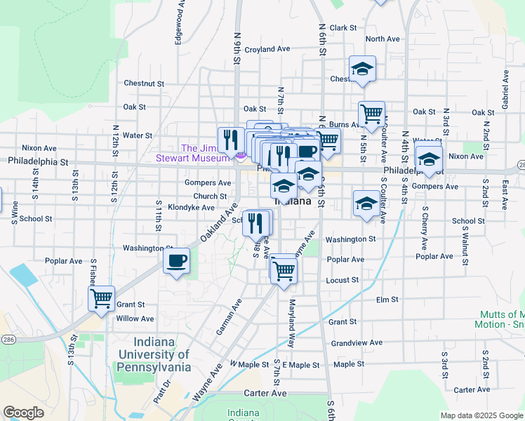 map of restaurants, bars, coffee shops, grocery stores, and more near 127 South 8th Street in Indiana