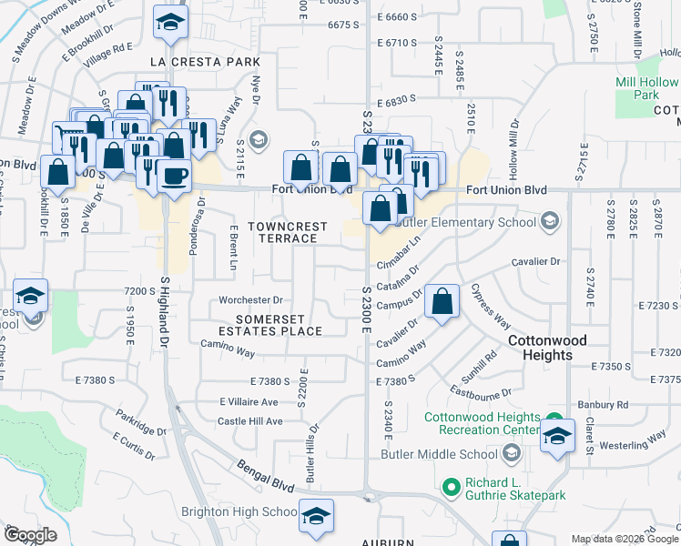 map of restaurants, bars, coffee shops, grocery stores, and more near 2245 East 7150 South in Cottonwood Heights