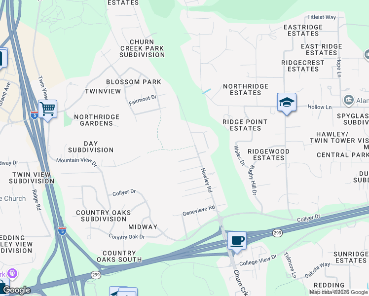 map of restaurants, bars, coffee shops, grocery stores, and more near 11490 Hawley Road in Redding