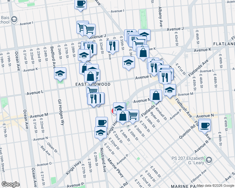 map of restaurants, bars, coffee shops, grocery stores, and more near 1394 East 34th Street in Brooklyn