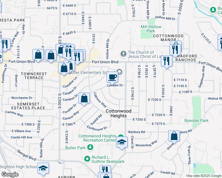 map of restaurants, bars, coffee shops, grocery stores, and more near 7157 East Manor Drive in Cottonwood Heights