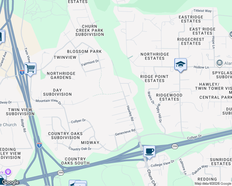 map of restaurants, bars, coffee shops, grocery stores, and more near 11490 Hawley Road in Redding