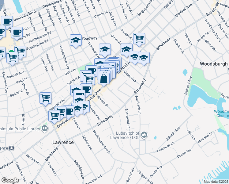 map of restaurants, bars, coffee shops, grocery stores, and more near 35 White Drive North in Cedarhurst