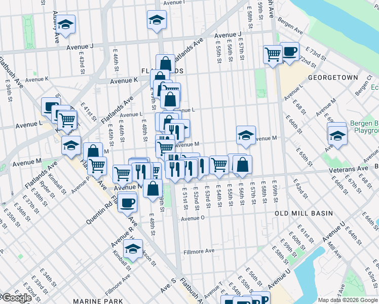 map of restaurants, bars, coffee shops, grocery stores, and more near 5023 Avenue M in Brooklyn