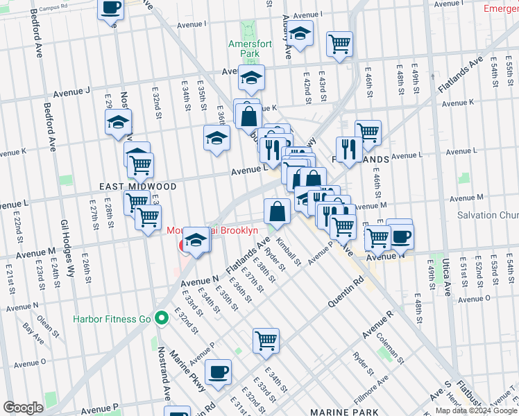 map of restaurants, bars, coffee shops, grocery stores, and more near 1343 East 38th Street in Brooklyn