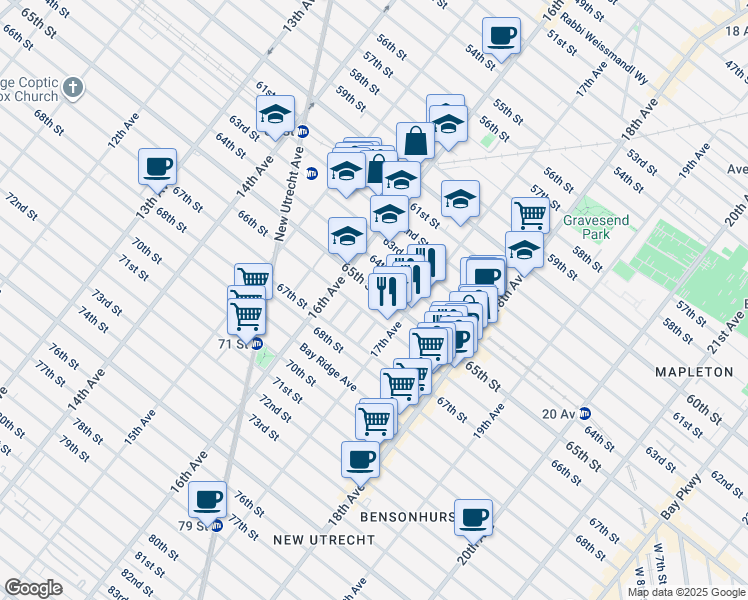map of restaurants, bars, coffee shops, grocery stores, and more near 1647 65th Street in Brooklyn