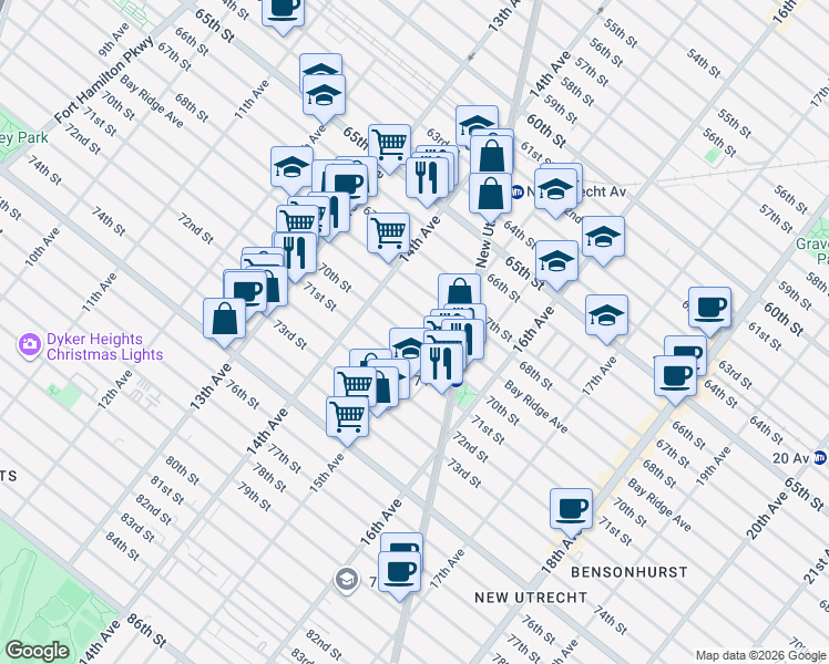 map of restaurants, bars, coffee shops, grocery stores, and more near 1438 Bay Ridge Avenue in Brooklyn