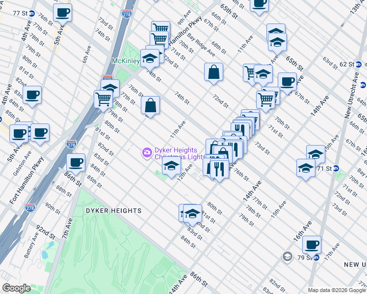 map of restaurants, bars, coffee shops, grocery stores, and more near 1140 76th Street in Brooklyn