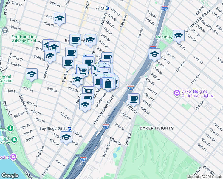 map of restaurants, bars, coffee shops, grocery stores, and more near 559 86th Street in Brooklyn