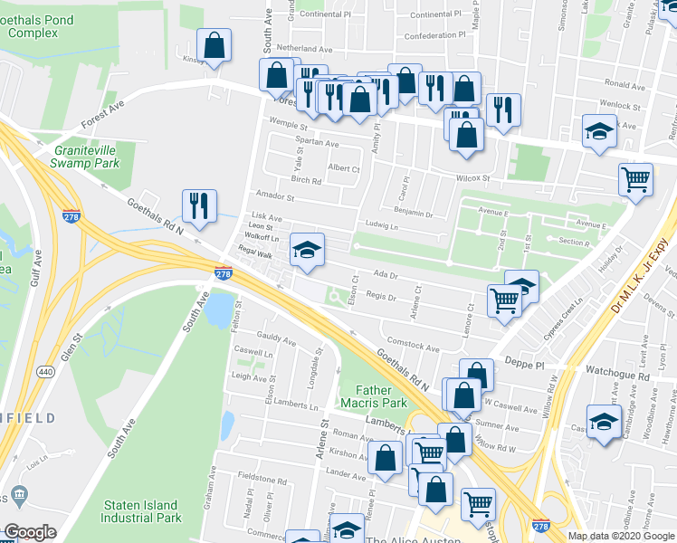 map of restaurants, bars, coffee shops, grocery stores, and more near 249 Ada Drive in Staten Island