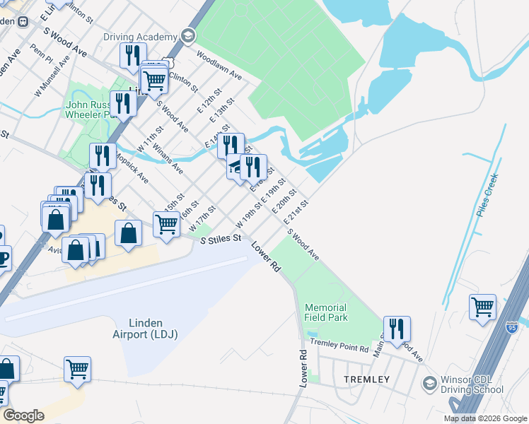 map of restaurants, bars, coffee shops, grocery stores, and more near 1837 South Wood Avenue in Linden