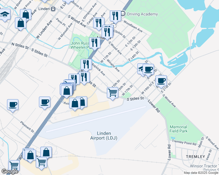 map of restaurants, bars, coffee shops, grocery stores, and more near 1408 Mopsick Avenue in Linden