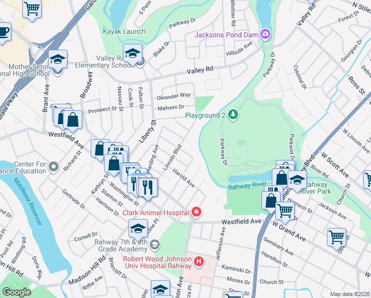 map of restaurants, bars, coffee shops, grocery stores, and more near 111 Lincoln Boulevard in Clark