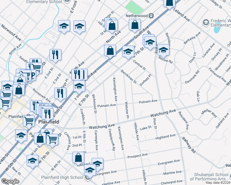 map of restaurants, bars, coffee shops, grocery stores, and more near 738-40 Kensington Avenue in Plainfield