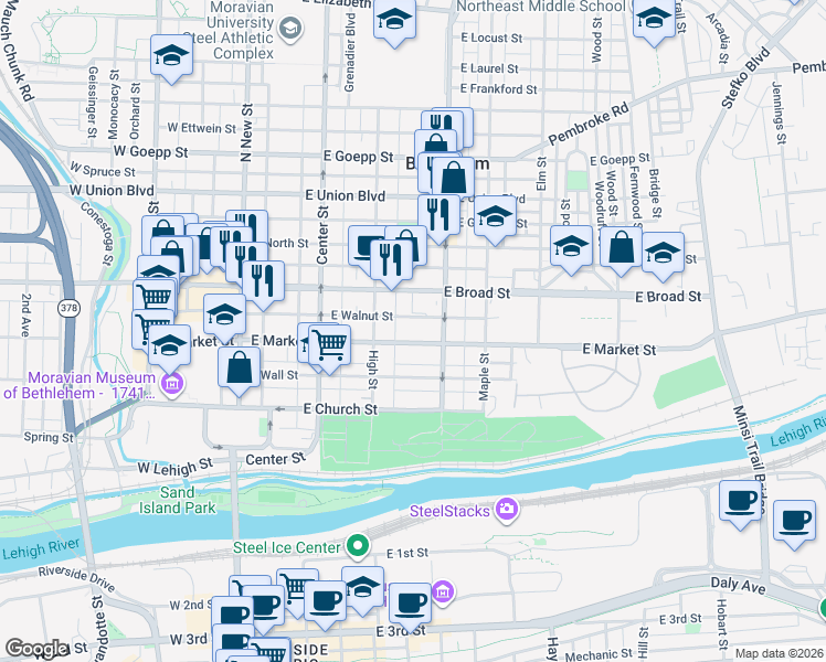 map of restaurants, bars, coffee shops, grocery stores, and more near 530 Penn Street in Bethlehem